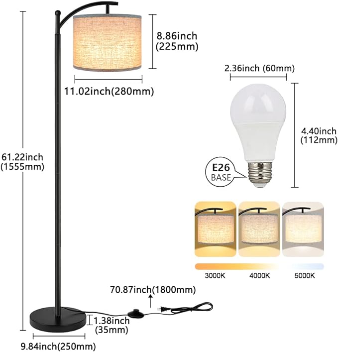 Lámpara de pie para sala de estar, lámpara de pie LED con 2 pantallas para dormitorio, incluye bombilla LED de 9 W - Negro