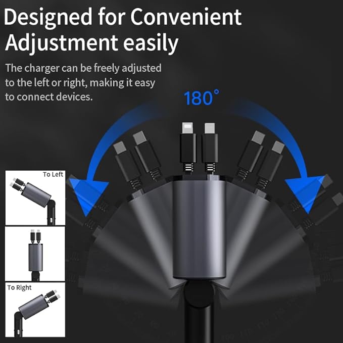 Retractable Car Charger, 4 in 1 USB C Car Charger 60W,Retractable Cables (2.6Ft) and 2 USB Ports Car Charger Adapter, Compatible with iPhone 15/14/13/12/11 Pro Max/XS MAX,iPad，Galaxy S23/ S22