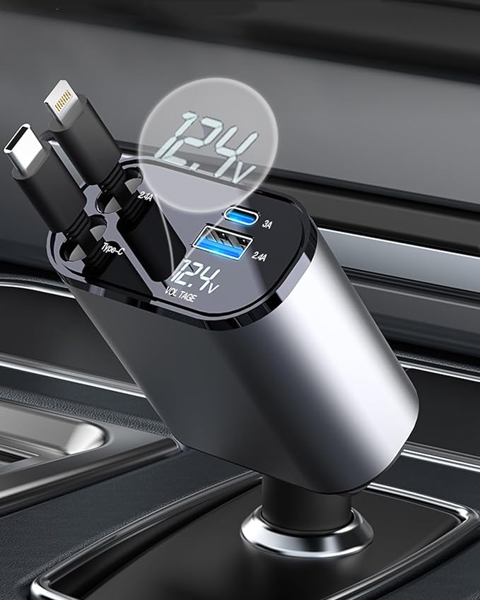 Retractable Car Charger, 4 in 1 USB C Car Charger 60W,Retractable Cables (2.6Ft) and 2 USB Ports Car Charger Adapter, Compatible with iPhone 15/14/13/12/11 Pro Max/XS MAX,iPad，Galaxy S23/ S22