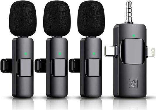 3 in 1 Wireless Lavalier Microphone for iPhone, iPad, Android, Camera,12-Hour Battery, mini Noise Reduction Recording Mic 2.4G Ultra-Low Delay, Microphone for Vlog/ TikTok/YouTube Live Stream( 3 Mic)