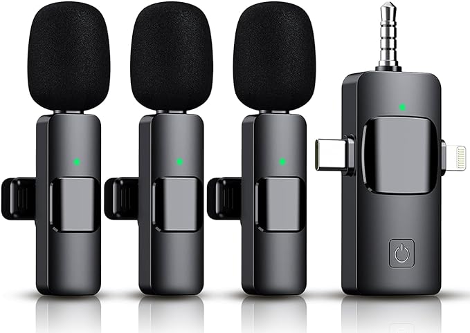 3 in 1 Wireless Lavalier Microphone for iPhone, iPad, Android, Camera,12-Hour Battery, mini Noise Reduction Recording Mic 2.4G Ultra-Low Delay, Microphone for Vlog/ TikTok/YouTube Live Stream( 3 Mic)