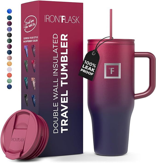 IRON °FLASK Co-Pilot - Vaso aislado de 40 onzas con popote y tapas abatibles, botella con soporte para bebidas calientes y frías, a prueba de fugas, agua, café, taza de viaje portátil, regalos para el