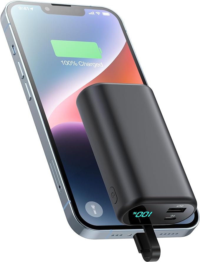 Cargador portátil de 10800 mAh para iPhone, pequeño y ultracompacto de 15 W PD de carga rápida, pantalla LCD con cable integrado compatible con iPhone 14/14 Pro Max /13/12/X/XR/XS/8/7/6, etc