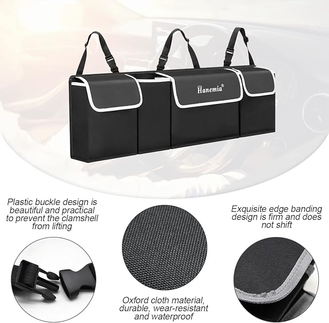 Organizador y almacenamiento para maletero de auto, organizador colgante para SUV, camioneta, impermeable, bolsa de almacenamiento de carga plegable con 4 bolsillos, accesorios interiores de auto para hombres y mujeres