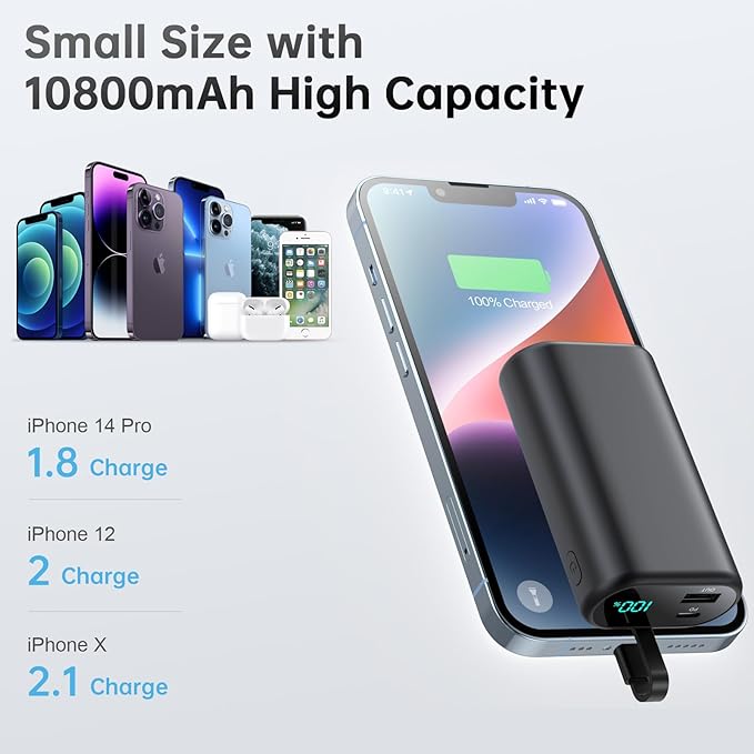 Cargador portátil de 10800 mAh para iPhone, pequeño y ultracompacto de 15 W PD de carga rápida, pantalla LCD con cable integrado compatible con iPhone 14/14 Pro Max /13/12/X/XR/XS/8/7/6, etc