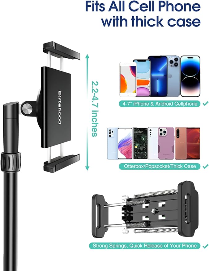 Elitehood iPhone Tripod for Overhead Video Recording [Heavy Duty & Ultra-Stable], 25in Horizontal Long Extendable Boom, 360° Rotation iPhone Tripod Stand with Remote, Vertical 71" Tall Phone Tripod