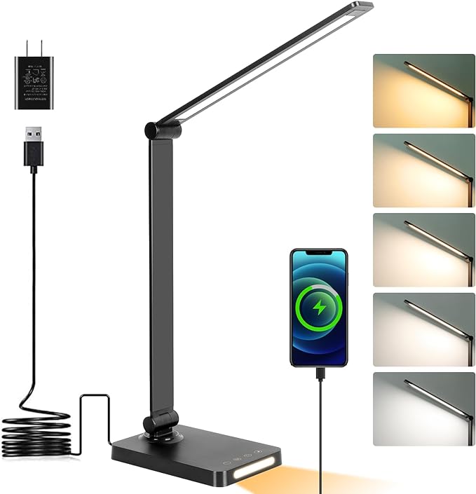 Lámpara de escritorio con luz LED y control táctil de 3 niveles de brillo; lámpara de oficina regulable con brazo ajustable y plegable para mesa, dormitorio, mesita de noche, estudio de oficina (5000 K, 8 W, color negro)