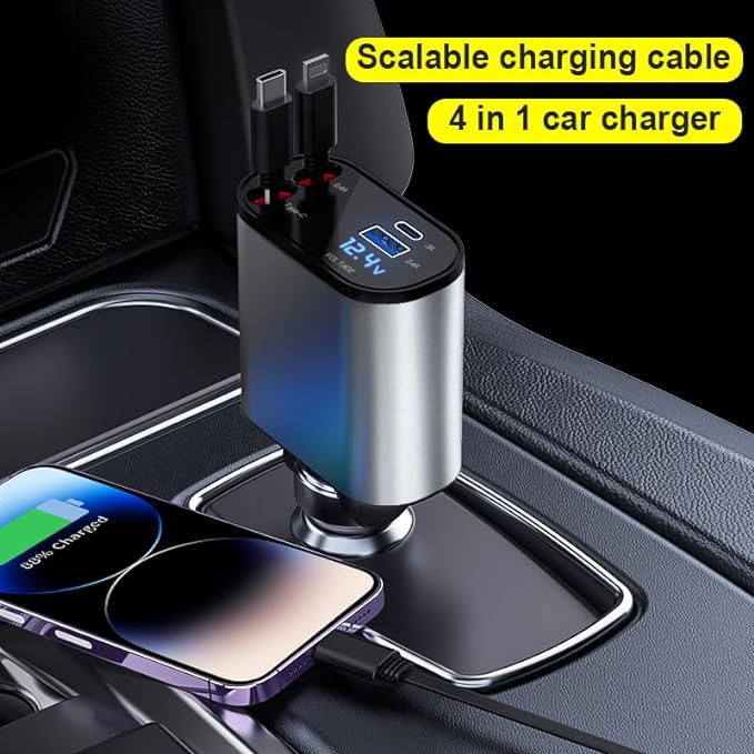 Retractable Car Charger, 4 in 1 USB C Car Charger 60W,Retractable Cables (2.6Ft) and 2 USB Ports Car Charger Adapter, Compatible with iPhone 15/14/13/12/11 Pro Max/XS MAX,iPad，Galaxy S23/ S22