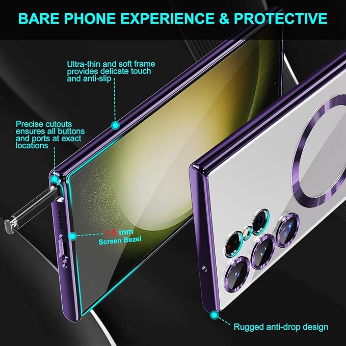 for Samsung Galaxy S23 Ultra MagSafe Case with Camera Lens Protector,Magnetic Clear Case for S23 Ultra,Full Protection Plating Anti-Scratch Slim Thin Case Cover,Purple