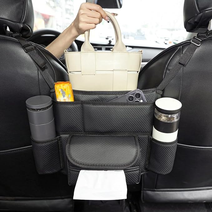 Soporte para bolso de red para el automóvil, organizador de automóvil duradero de gran capacidad y almacenamiento entre asientos para teléfonos, documentos, tazas y más (fibra de carbono negra)