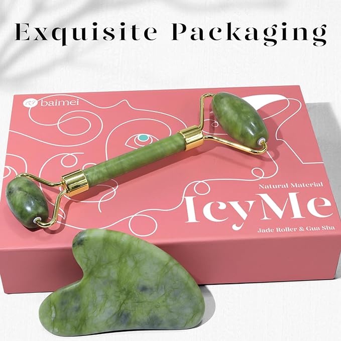 BAIMEI IcyMe Gua Sha & Jade Roller Facial Tools Face Roller and Gua Sha Set for Puffiness and Redness Reducing Skin Care Routine, Self Care Gift for Men Women - Green