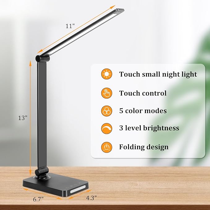 Lámpara de escritorio con luz LED y control táctil de 3 niveles de brillo; lámpara de oficina regulable con brazo ajustable y plegable para mesa, dormitorio, mesita de noche, estudio de oficina (5000 K, 8 W, color negro)