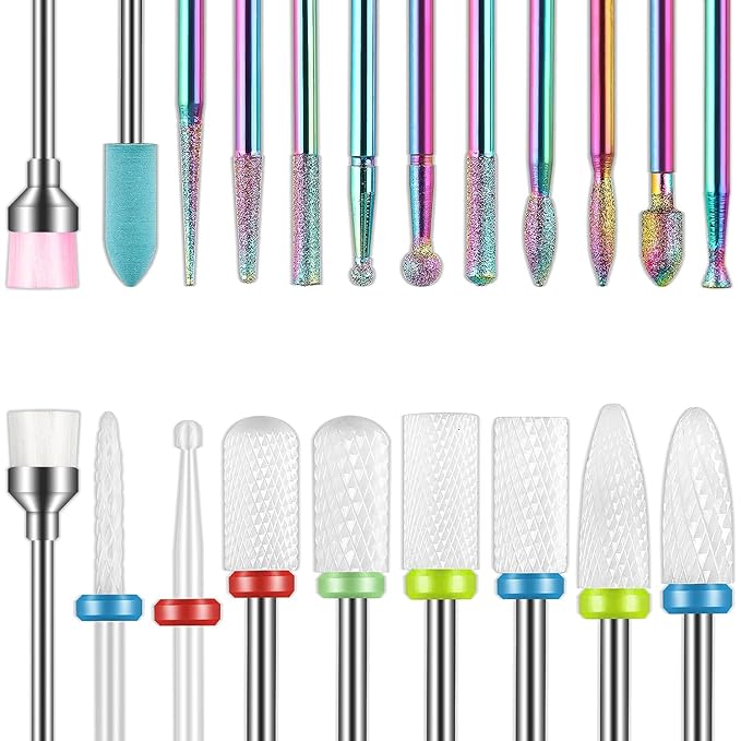 21pcs Nail Drill Bits Sets, 3/32 Inch Diamond Cuticle Electric Nail File and Ceramic Acrylic Gel Nail Bit Kit, Acrylic Nail Art Tools, Carbide Cuticle Remover Bits for Manicure Pedicure, Home Salon