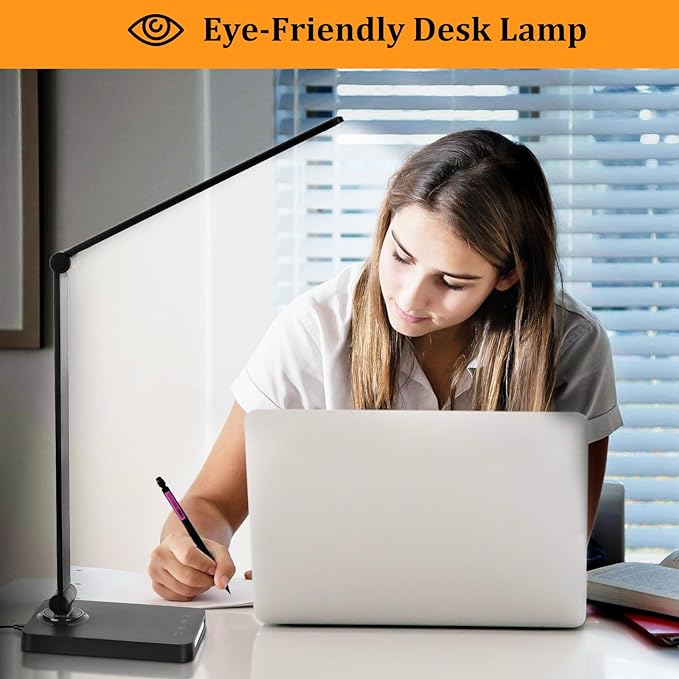 Lámpara de escritorio con luz LED y control táctil de 3 niveles de brillo; lámpara de oficina regulable con brazo ajustable y plegable para mesa, dormitorio, mesita de noche, estudio de oficina (5000 K, 8 W, color negro)