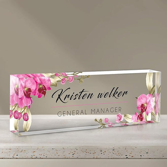 Desk Name Plate Personalized, Custom Name Plate for Desk, Personalized Acrylic Name Plates for Desk Decorations Gift, Office Gifts for Coworkers Employees Boss,Teacher,Social Worker (Orchids)