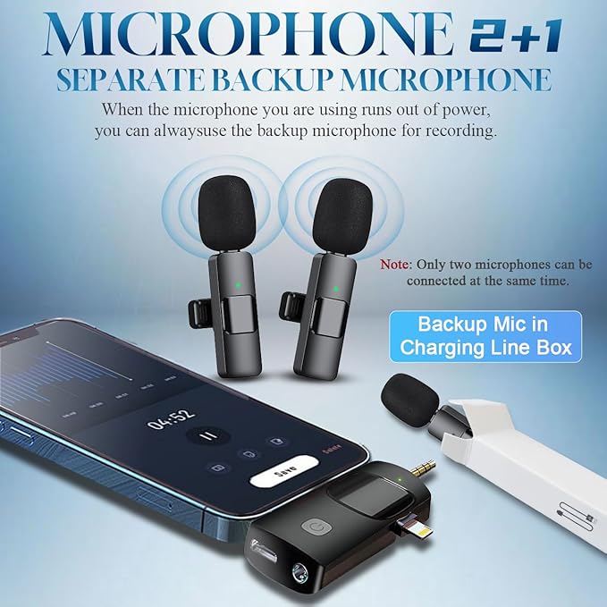 3 in 1 Wireless Lavalier Microphone for iPhone, iPad, Android, Camera,12-Hour Battery, mini Noise Reduction Recording Mic 2.4G Ultra-Low Delay, Microphone for Vlog/ TikTok/YouTube Live Stream( 3 Mic)