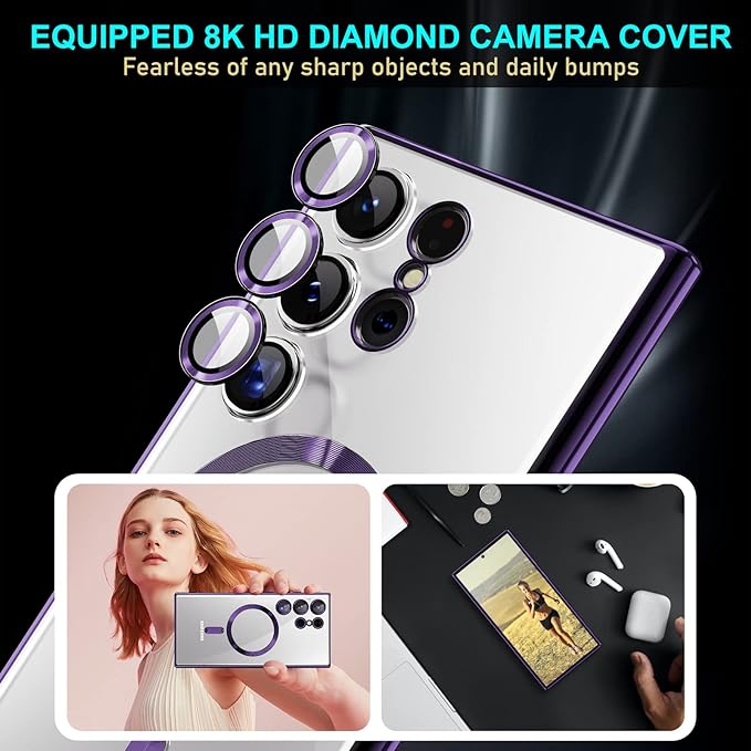 for Samsung Galaxy S23 Ultra MagSafe Case with Camera Lens Protector,Magnetic Clear Case for S23 Ultra,Full Protection Plating Anti-Scratch Slim Thin Case Cover,Purple