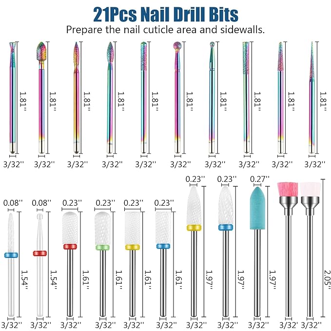 21pcs Nail Drill Bits Sets, 3/32 Inch Diamond Cuticle Electric Nail File and Ceramic Acrylic Gel Nail Bit Kit, Acrylic Nail Art Tools, Carbide Cuticle Remover Bits for Manicure Pedicure, Home Salon