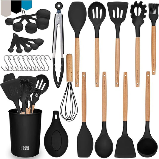 Home Hero Juego de 33 utensilios de cocina de silicona, juego de espátulas todo en uno, antiadherentes, resistentes al calor, para el primer hogar, utensilios de cocina (juego de 33 piezas, negro)