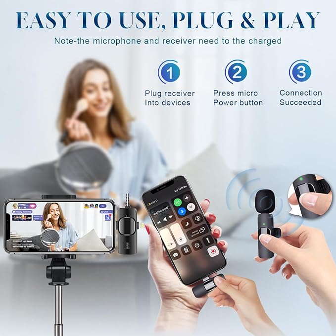 3 in 1 Wireless Lavalier Microphone for iPhone, iPad, Android, Camera,12-Hour Battery, mini Noise Reduction Recording Mic 2.4G Ultra-Low Delay, Microphone for Vlog/ TikTok/YouTube Live Stream( 3 Mic)