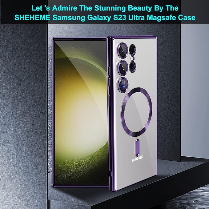 for Samsung Galaxy S23 Ultra MagSafe Case with Camera Lens Protector,Magnetic Clear Case for S23 Ultra,Full Protection Plating Anti-Scratch Slim Thin Case Cover,Purple