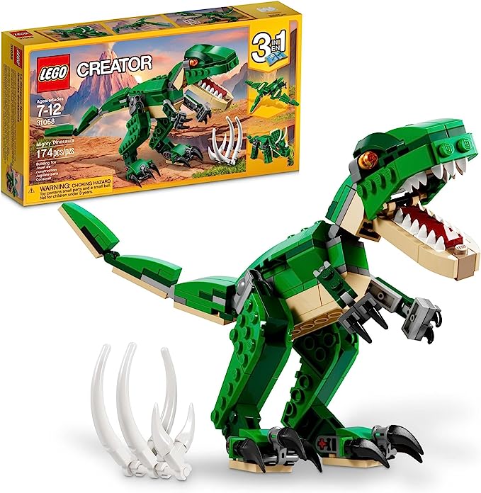 LEGO Creator 3 en 1 Mighty Dinosaur Toy se transforma de T-Rex a triceratops a figuras de dinosaurio pterodáctilo, gran regalo para niños y niñas de 7 a 12 años, 31058