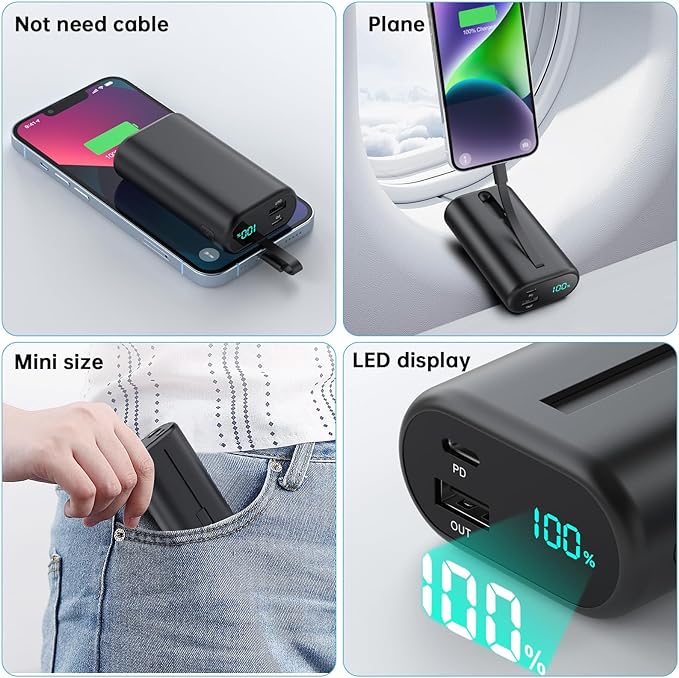 Cargador portátil de 10800 mAh para iPhone, pequeño y ultracompacto de 15 W PD de carga rápida, pantalla LCD con cable integrado compatible con iPhone 14/14 Pro Max /13/12/X/XR/XS/8/7/6, etc