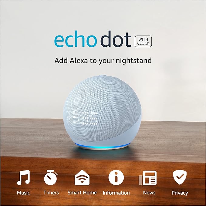 Echo Dot con reloj (5.ª generación, modelo de 2022) | Bocina inteligente con reloj y Alexa | Azul