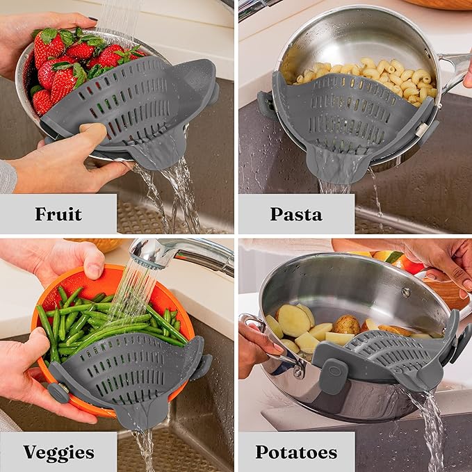 Kitchen Gizmo - Colador Snap N Strain de pasta para ollas, colador de silicona ajustable con clip para ollas, sartenes y cuencos, para la cocina, color gris